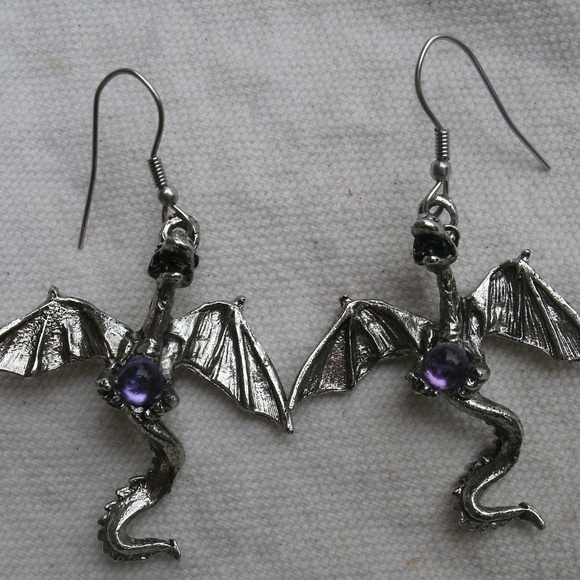 Pewter Flying Dragon Earrings Purple Sets - Picture 2 of 8
